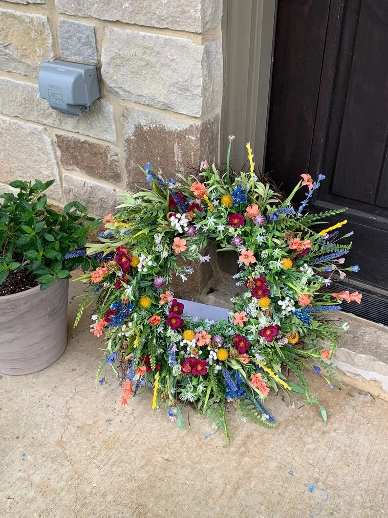 16-Inch Spring Wreath with Silk Flowers and Eucalyptus Decor