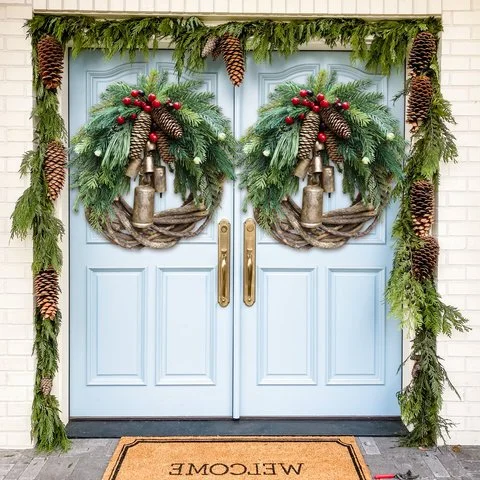 Boho Farmhouse Christmas Wreath with Pinecones and Bells