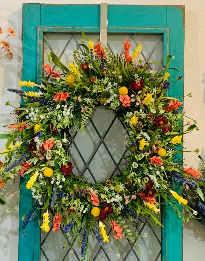 16-Inch Spring Wreath with Silk Flowers and Eucalyptus Decor