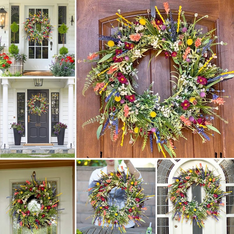 16-Inch Spring Wreath with Silk Flowers and Eucalyptus Decor