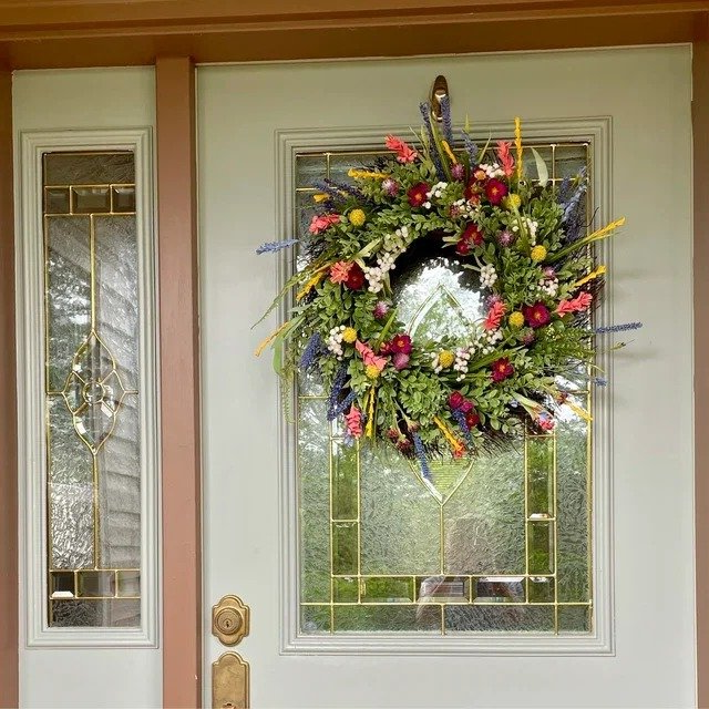 16-Inch Spring Wreath with Silk Flowers and Eucalyptus Decor