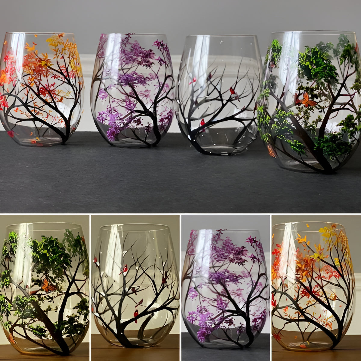 Hand Painted Four Seasons Tree Wine Glasses - 12 oz