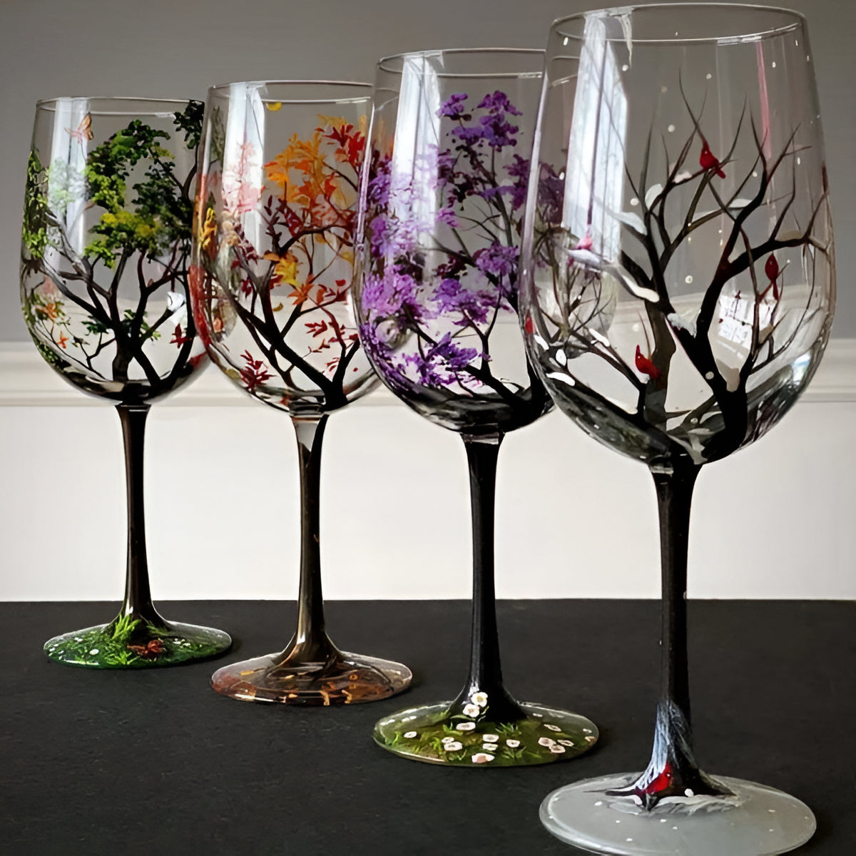 Hand Painted Four Seasons Tree Wine Glasses - 12 oz