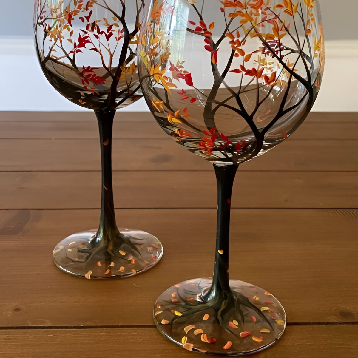 Hand Painted Four Seasons Tree Wine Glasses - 12 oz