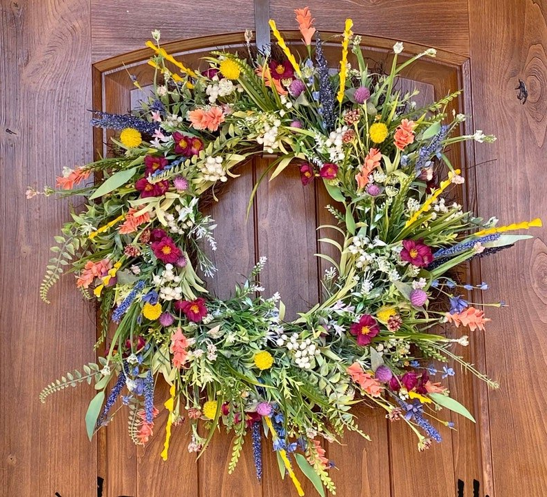 16-Inch Spring Wreath with Silk Flowers and Eucalyptus Decor