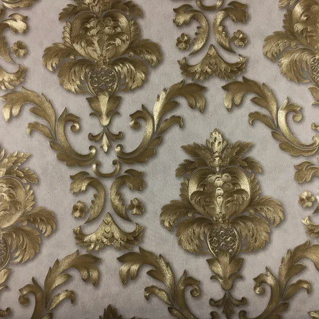 Gold Textured 3D Damask Vinyl Wallpaper