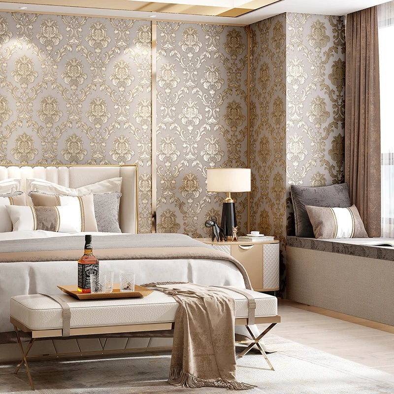Gold Textured 3D Damask Vinyl Wallpaper