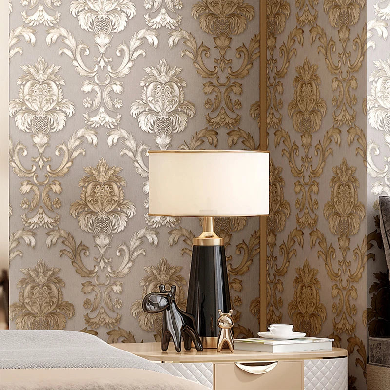 Gold Textured 3D Damask Vinyl Wallpaper