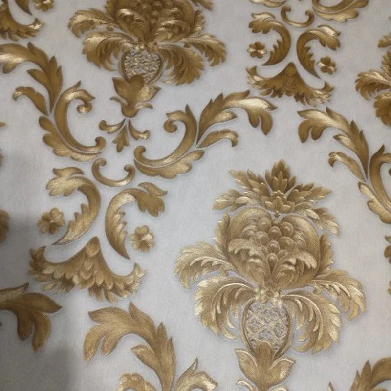 Gold Textured 3D Damask Vinyl Wallpaper