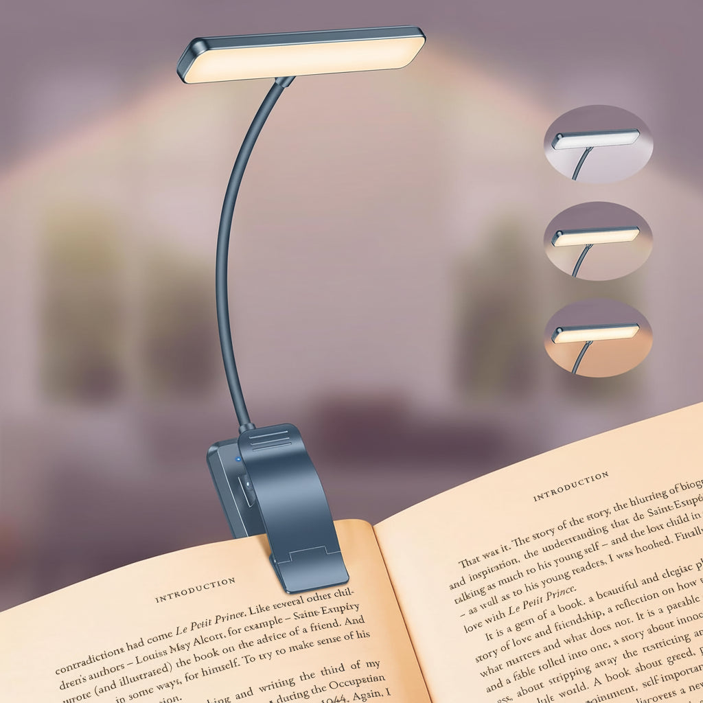 19 LED Rechargeable Clip-On Book Light with Adjustable Brightness and 3 Color Modes