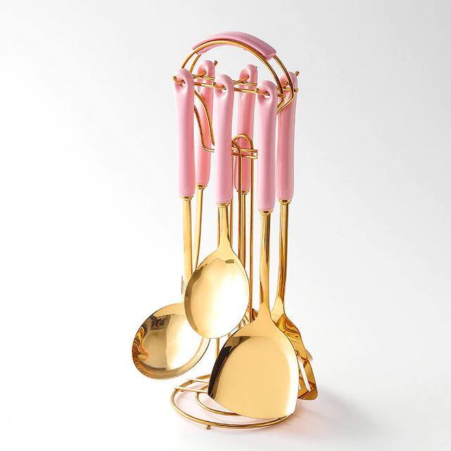 Golden Stainless Steel Kitchen Utensil Set with Ceramic Handles and Stand