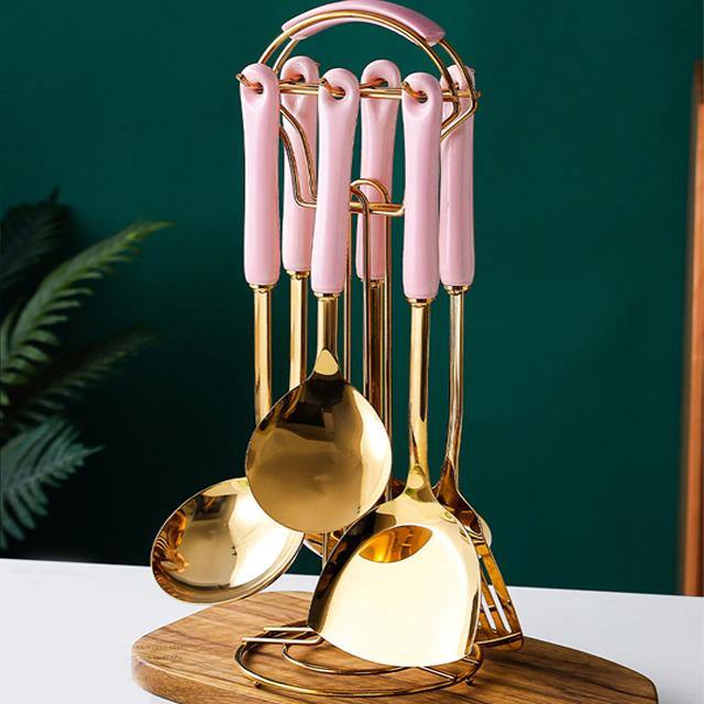 Golden Stainless Steel Kitchen Utensil Set with Ceramic Handles and Stand