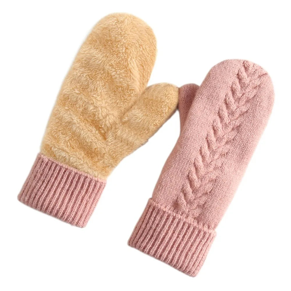 Double Layer Fleece Lined Knit Winter Mittens