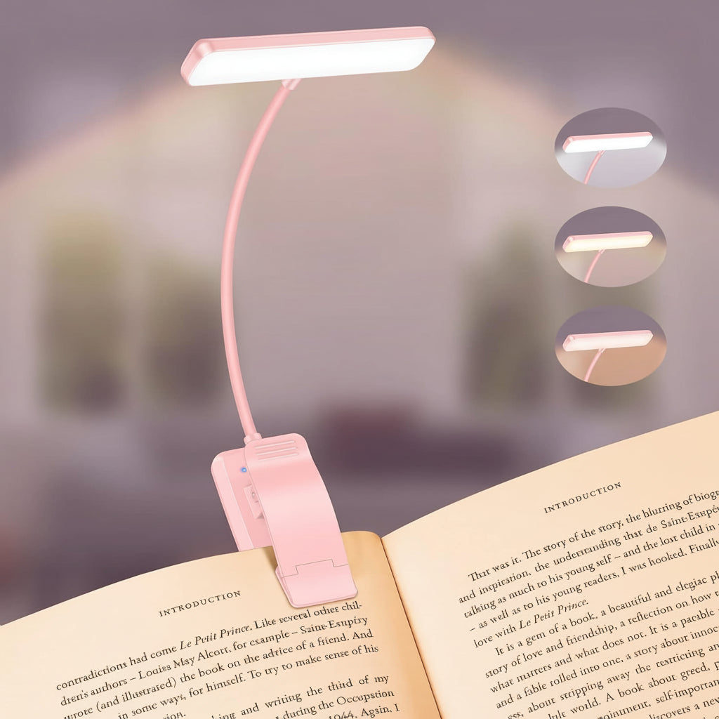 19 LED Rechargeable Clip-On Book Light with Adjustable Brightness and 3 Color Modes