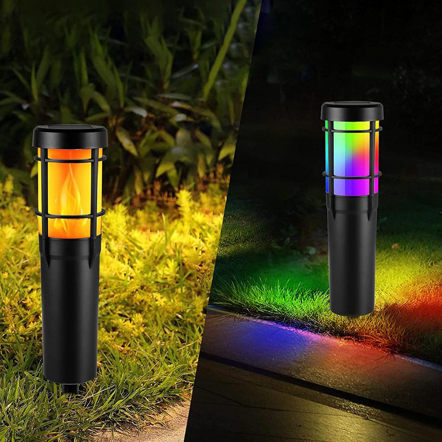 Solar Path Lights with Flickering Flame and RGB Color Changing, Waterproof LED Outdoor Lights for Garden and Yard