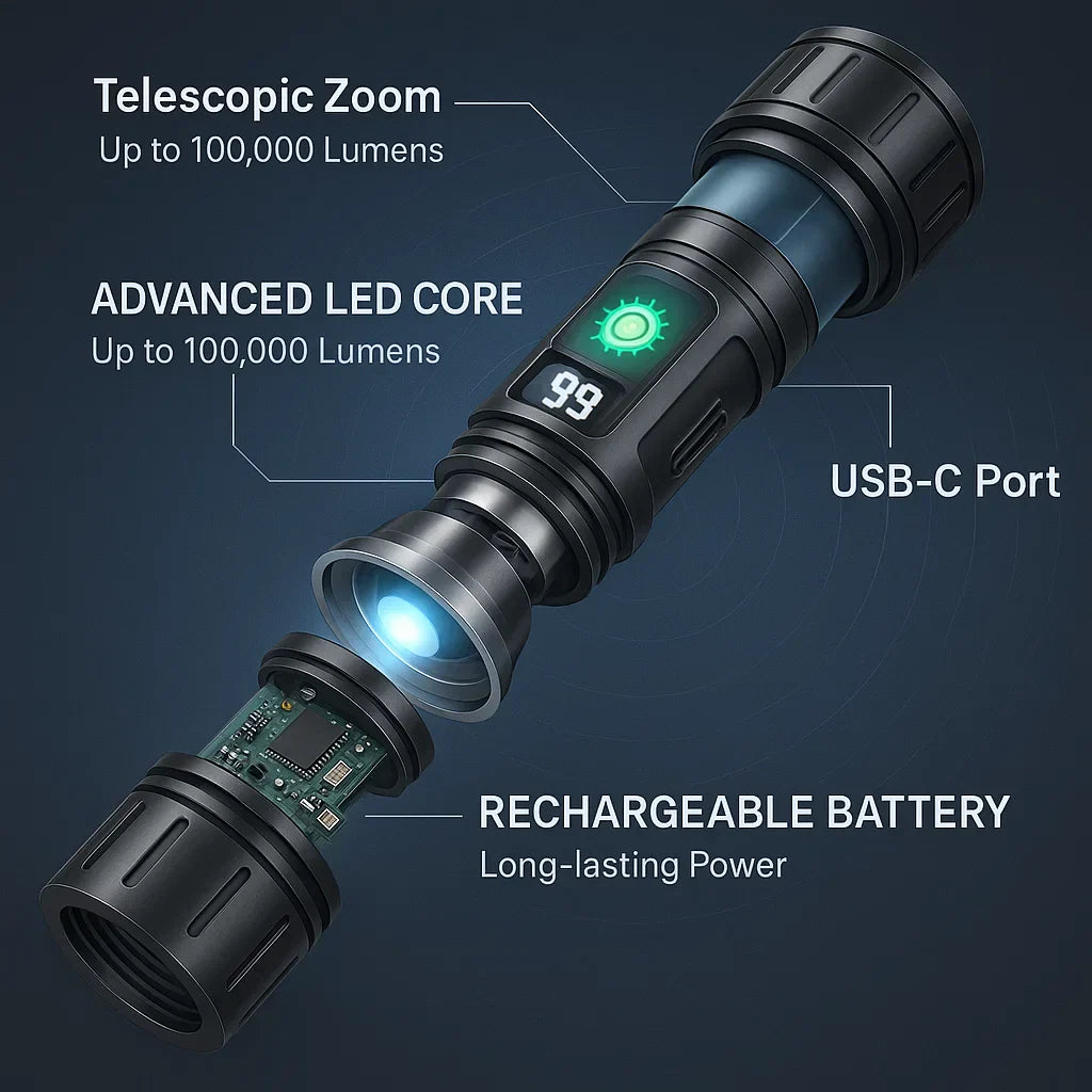 Rechargeable Tactical Flashlight with USB Charging and Power Bank Function