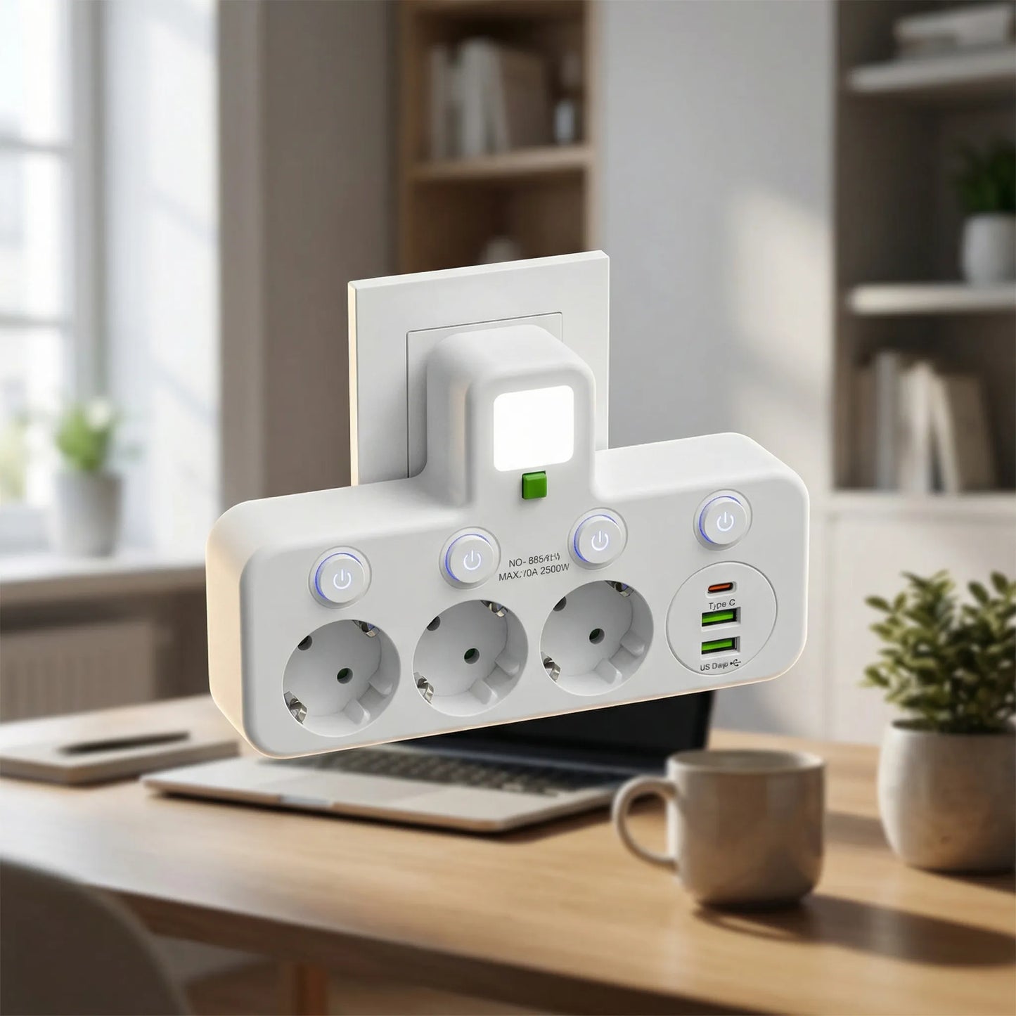 Wall-Mounted Power Strip with USB and Type C Ports