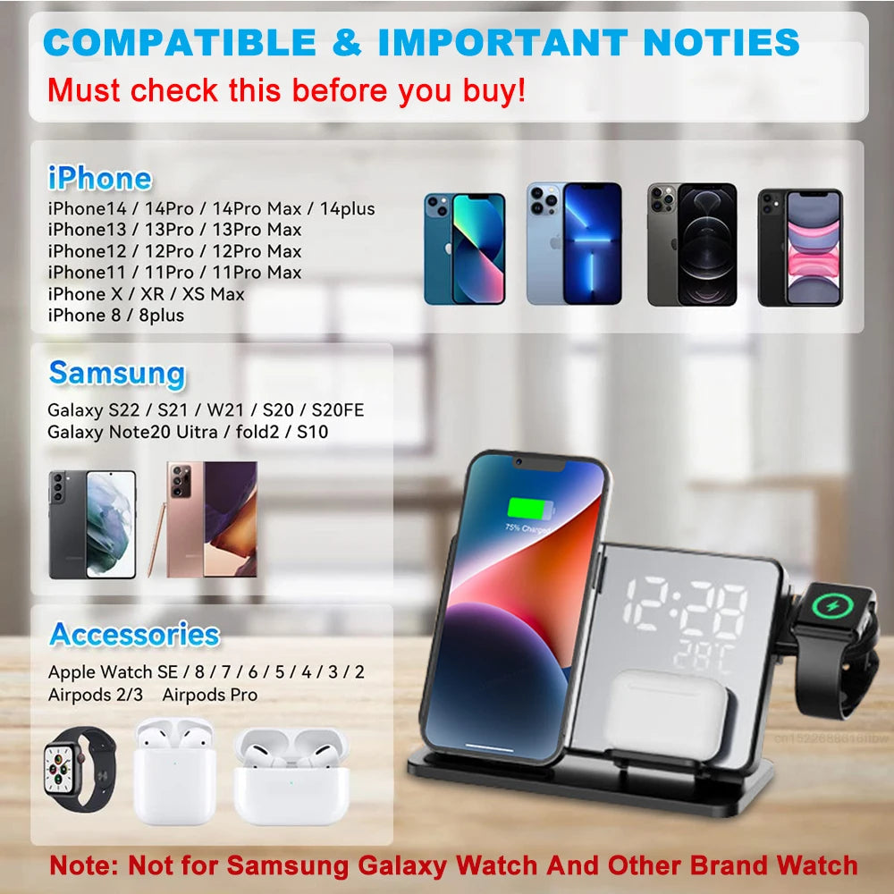 3-in-1 Wireless Charging Station with Alarm Clock for Apple Devices
