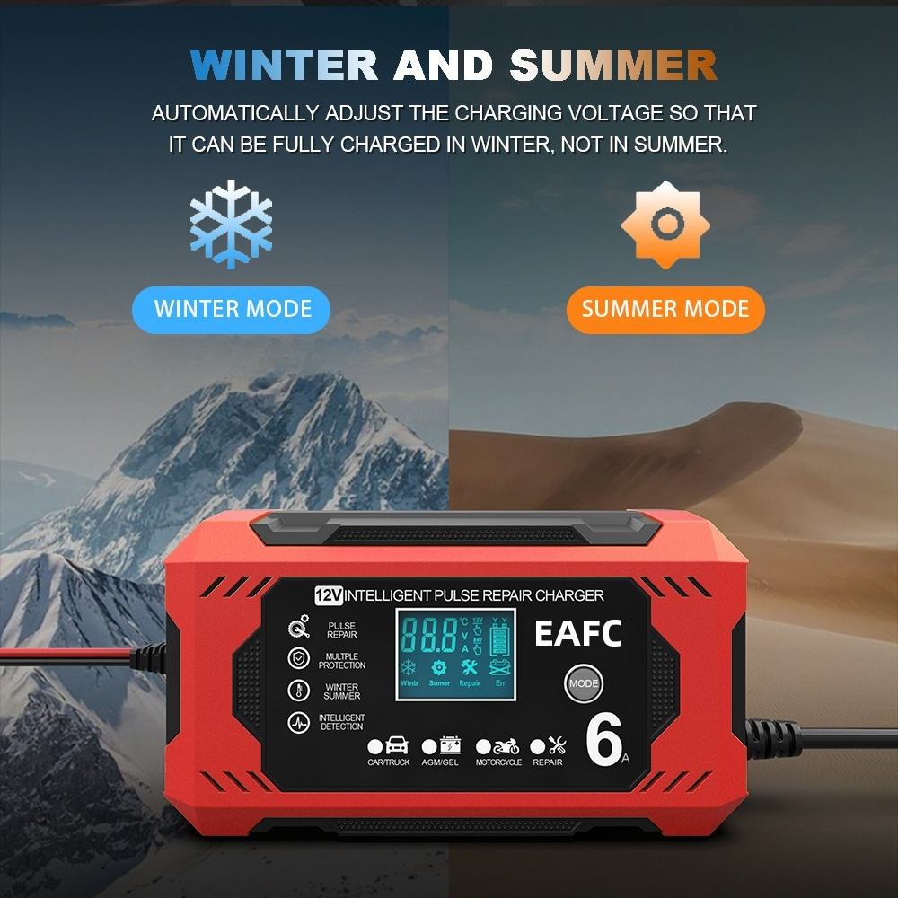 12V 24V Car Battery Charger with Pulse Repair and LCD Display