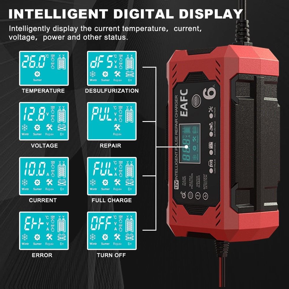 12V 24V Car Battery Charger with Pulse Repair and LCD Display