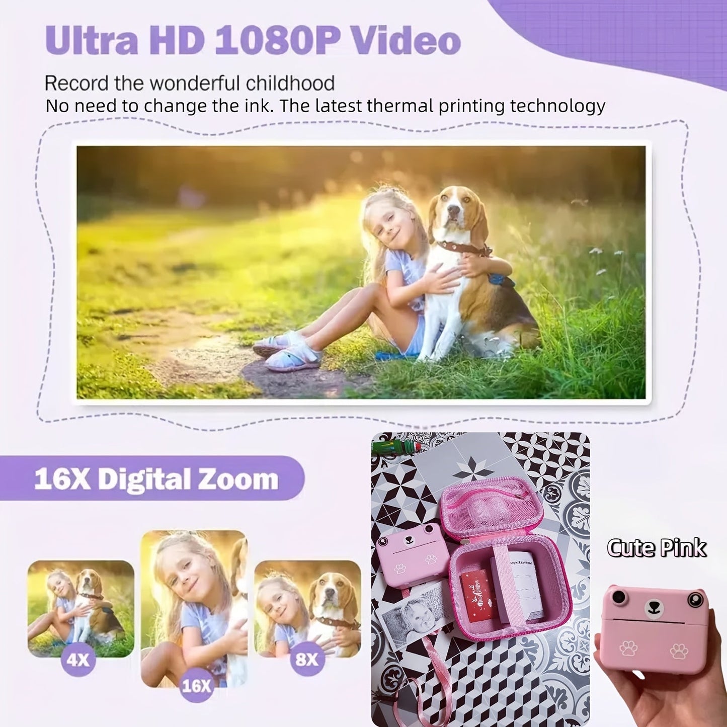 Kids Instant Photo Printing Camera with Timer and USB Charging