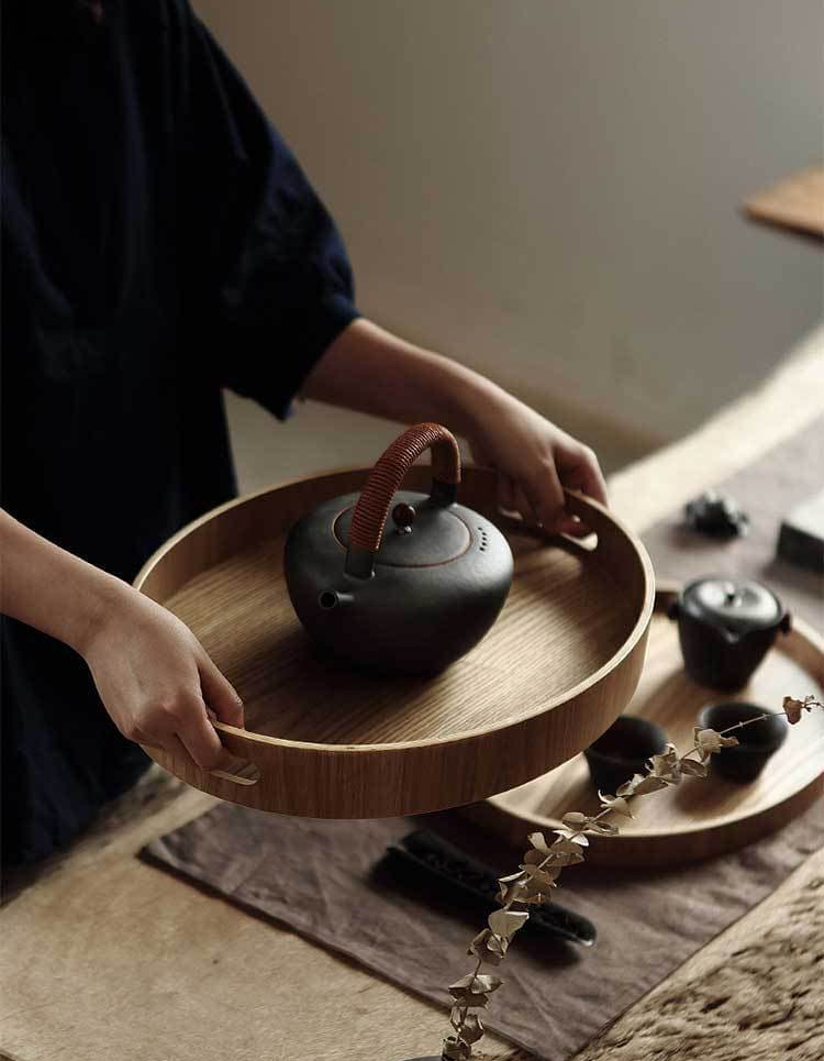 Walnut Round Serving Tray - Elegant Stackable Design