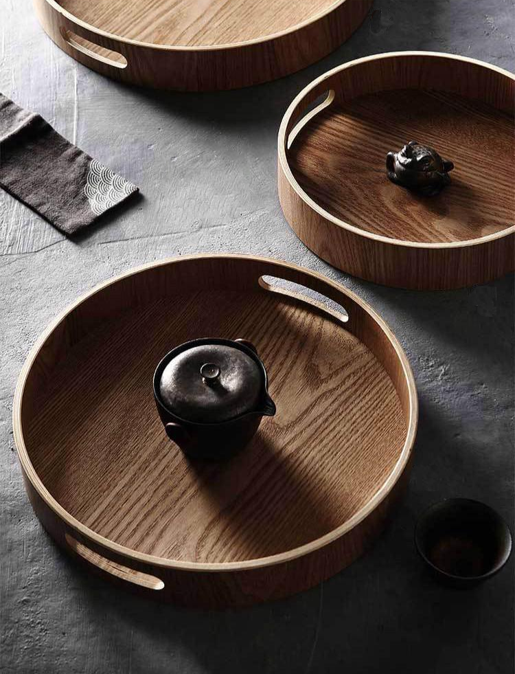 Walnut Round Serving Tray - Elegant Stackable Design