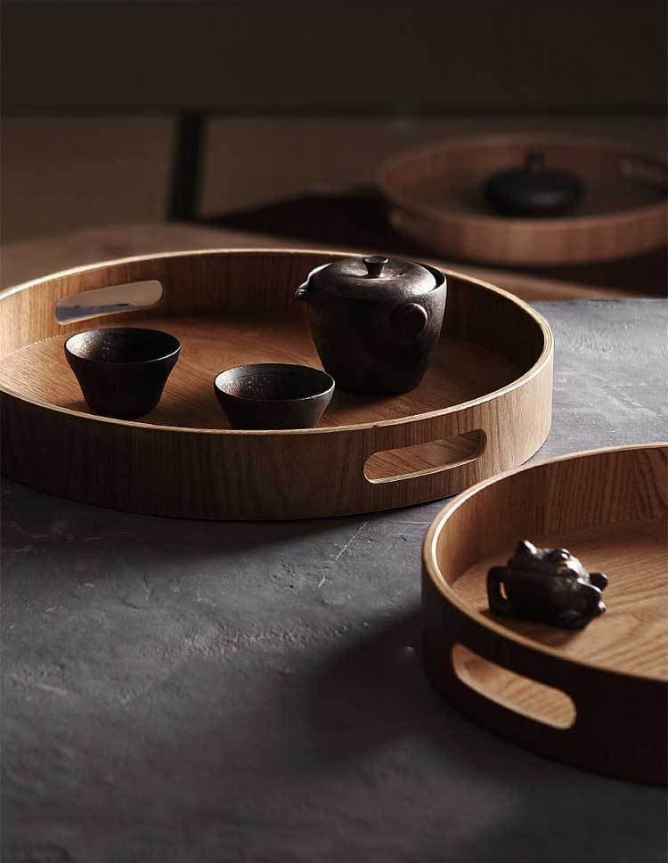 Walnut Round Serving Tray - Elegant Stackable Design