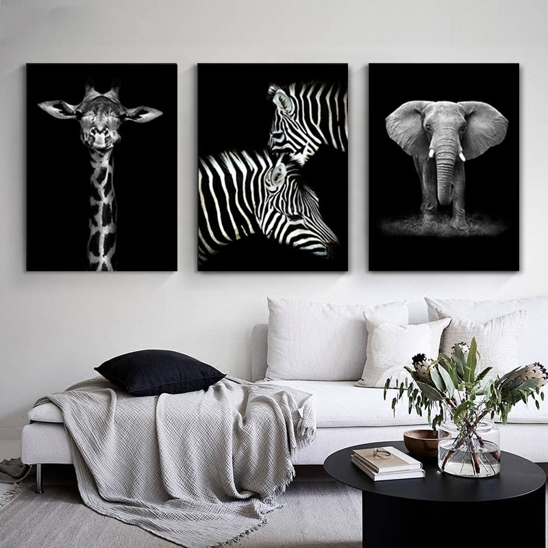 Black and White African Wildlife Canvas Wall Art