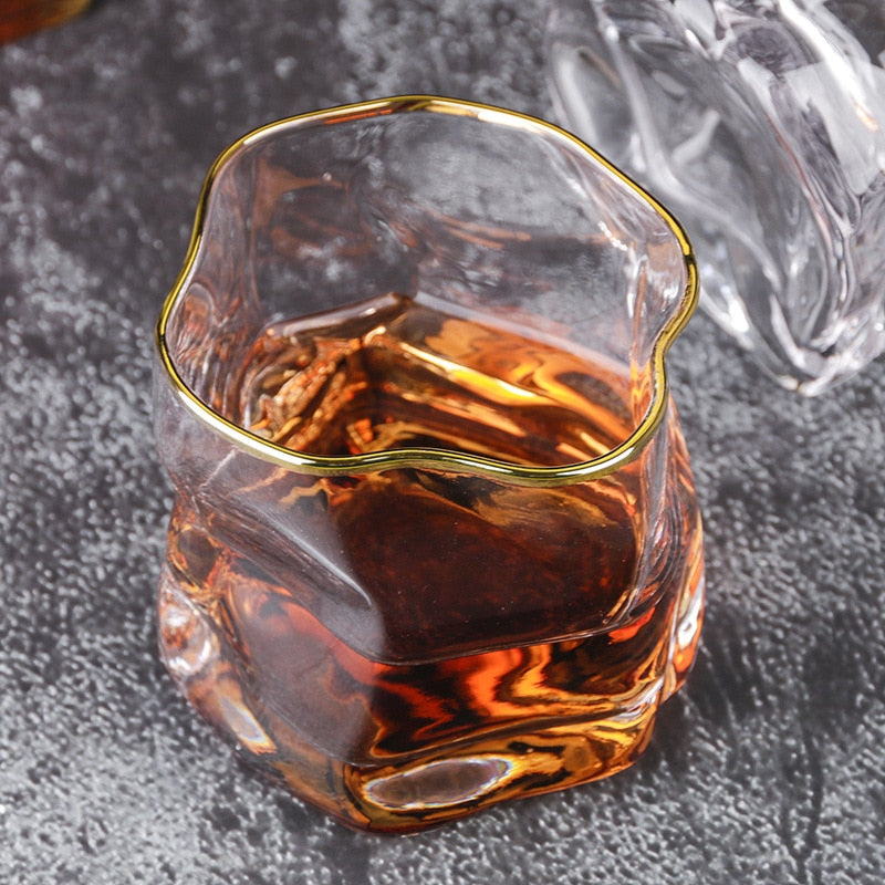 Distorted Texture Whiskey Glass Set with Gold Accents