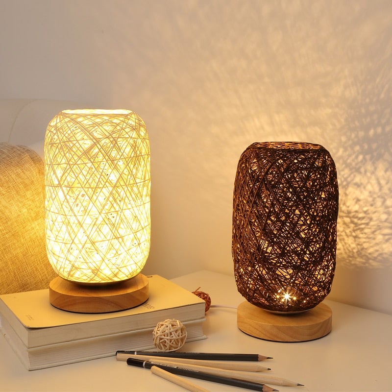 Handcrafted Rattan Wood Table Lamp with Up & Down Shade