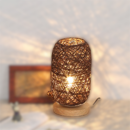 Handcrafted Rattan Wood Table Lamp with Up & Down Shade