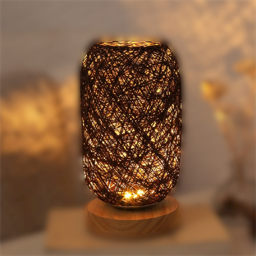 Handcrafted Rattan Wood Table Lamp with Up & Down Shade