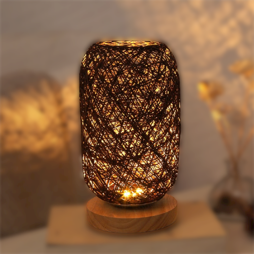 Handcrafted Rattan Wood Table Lamp with Up & Down Shade