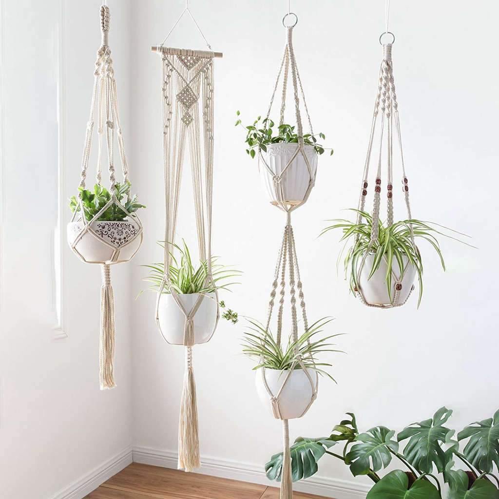 Handmade Boho Macrame Plant Hanger Set - 4 Piece Cotton Rope Decor