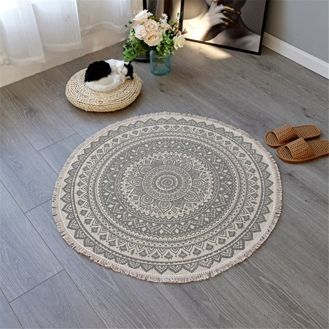 Mandala Accent Rug with Fringed Borders - 36 Inch Boho Style
