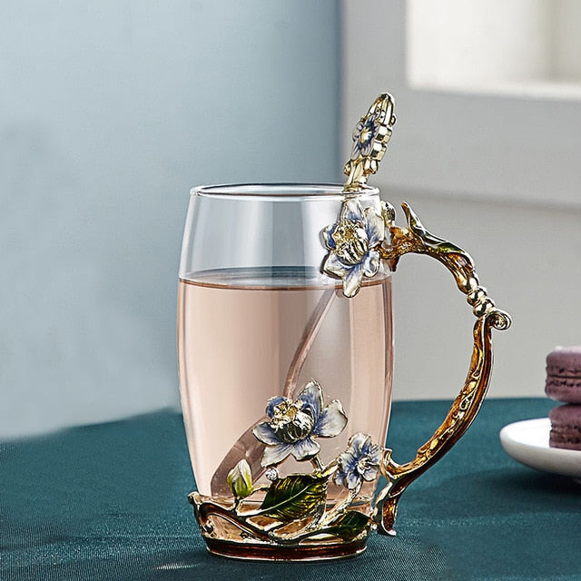 Handcrafted Enamel Flower Glass Coffee Mug for Tea and Lemon Juice