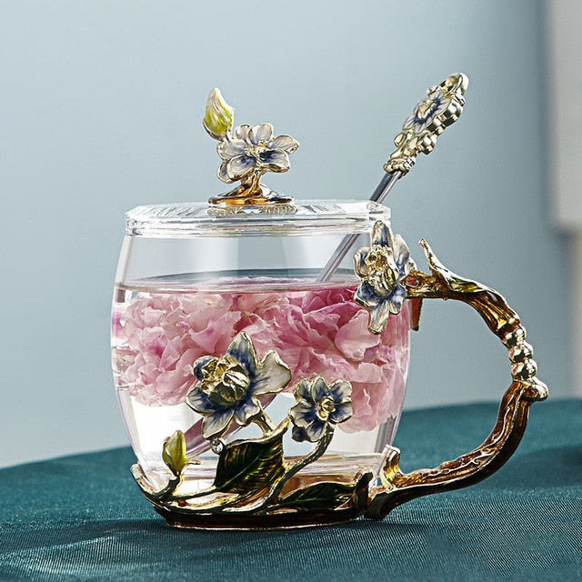 Handcrafted Enamel Flower Glass Coffee Mug for Tea and Lemon Juice