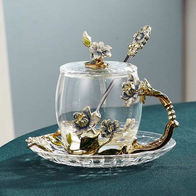 Handcrafted Enamel Flower Glass Coffee Mug for Tea and Lemon Juice