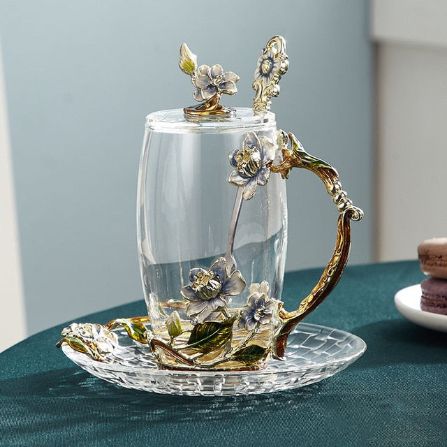 Handcrafted Enamel Flower Glass Coffee Mug for Tea and Lemon Juice