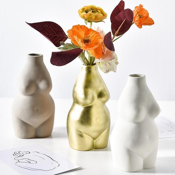 Venus Ceramic Bust Vase in Beige and Gold