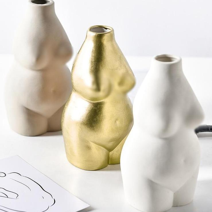 Venus Ceramic Bust Vase in Beige and Gold
