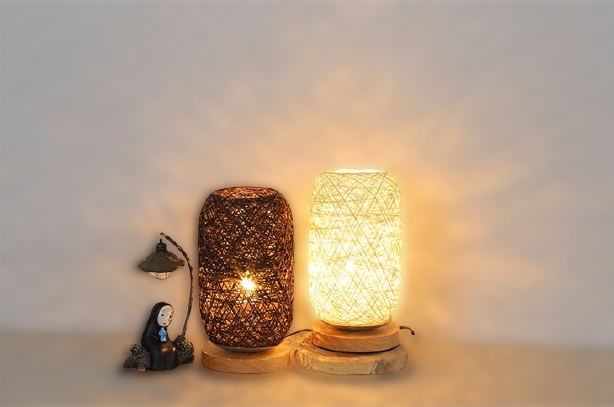 Handcrafted Rattan Wood Table Lamp with Up & Down Shade