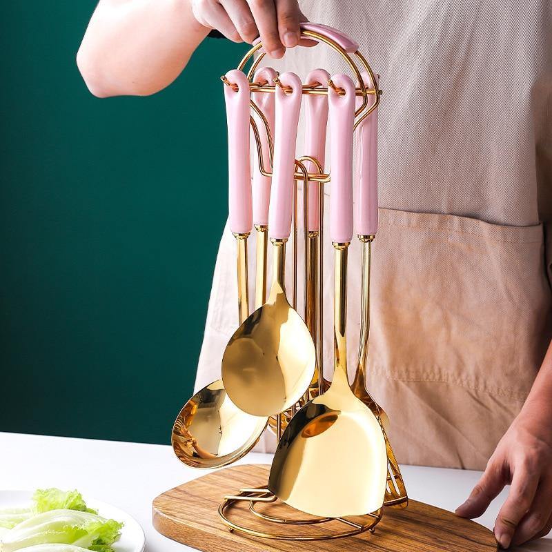 Golden Stainless Steel Kitchen Utensil Set with Ceramic Handles and Stand