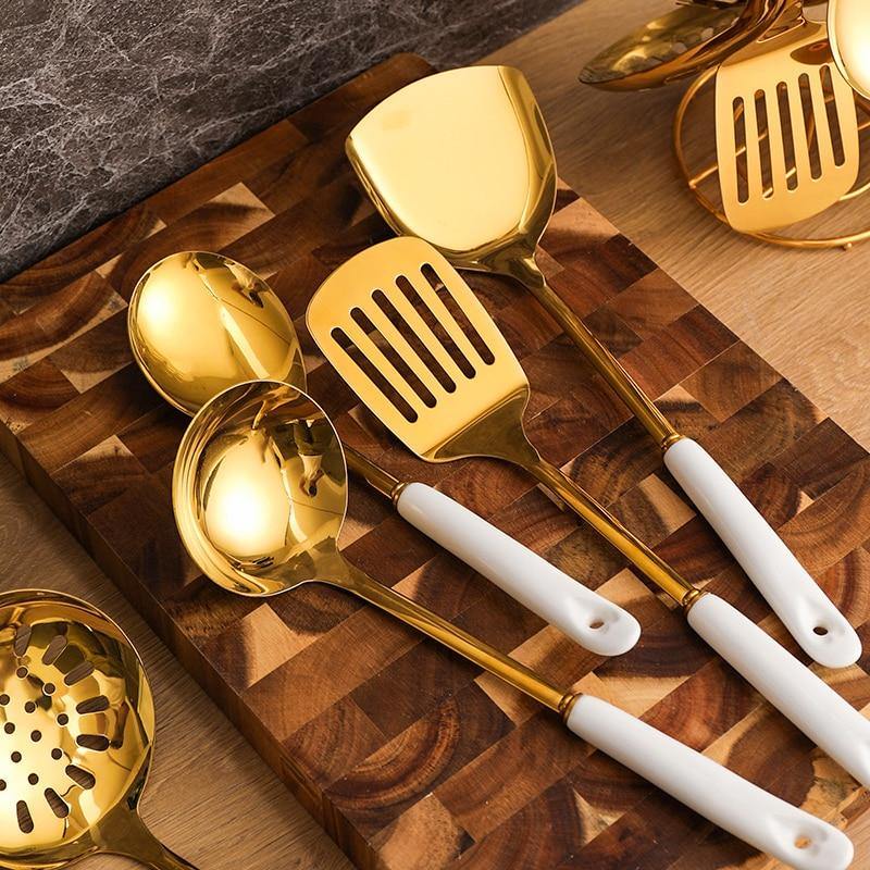 Golden Stainless Steel Kitchen Utensil Set with Ceramic Handles and Stand