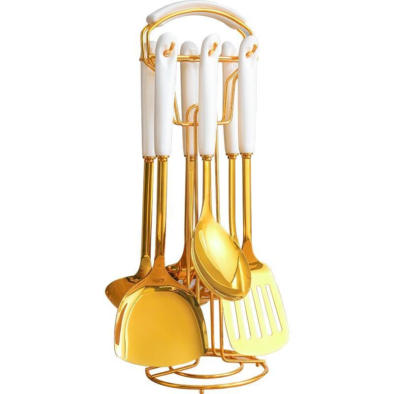 Golden Stainless Steel Kitchen Utensil Set with Ceramic Handles and Stand