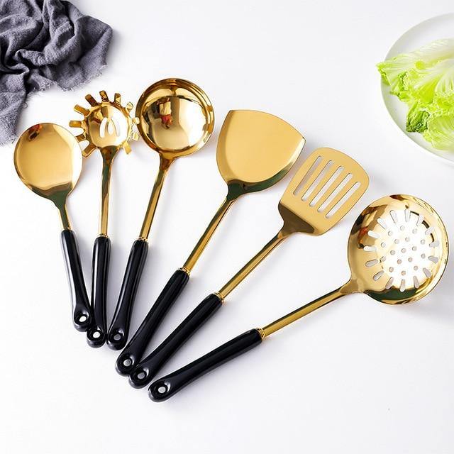 Golden Stainless Steel Kitchen Utensil Set with Ceramic Handles and Stand