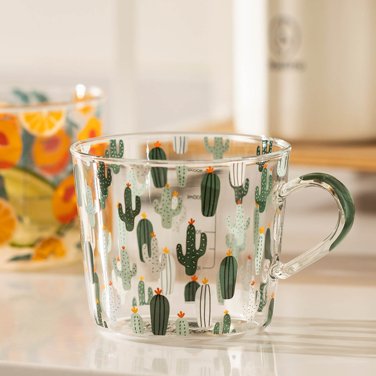 Glass Measuring Cup with Peach or Cactus Design