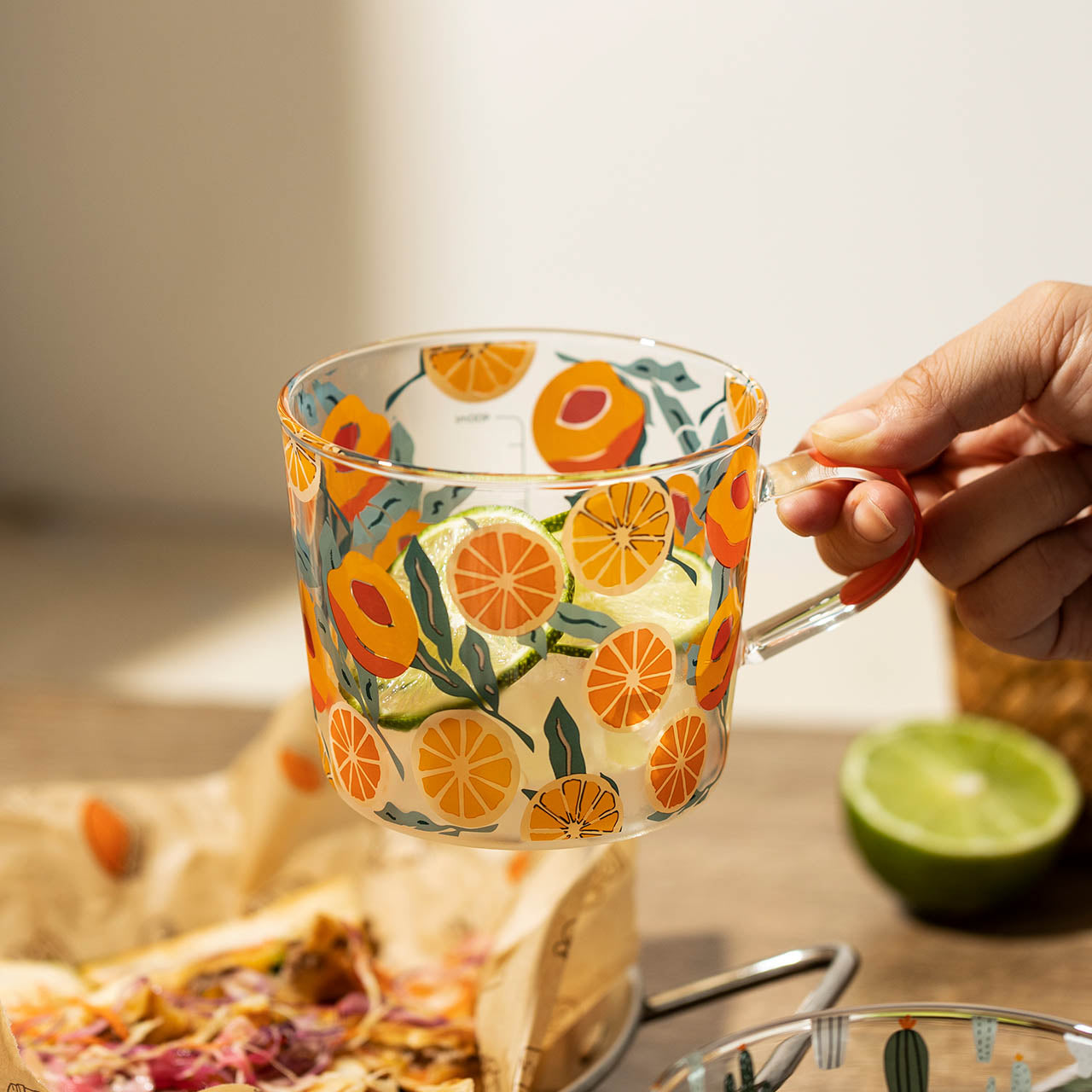 Glass Measuring Cup with Peach or Cactus Design