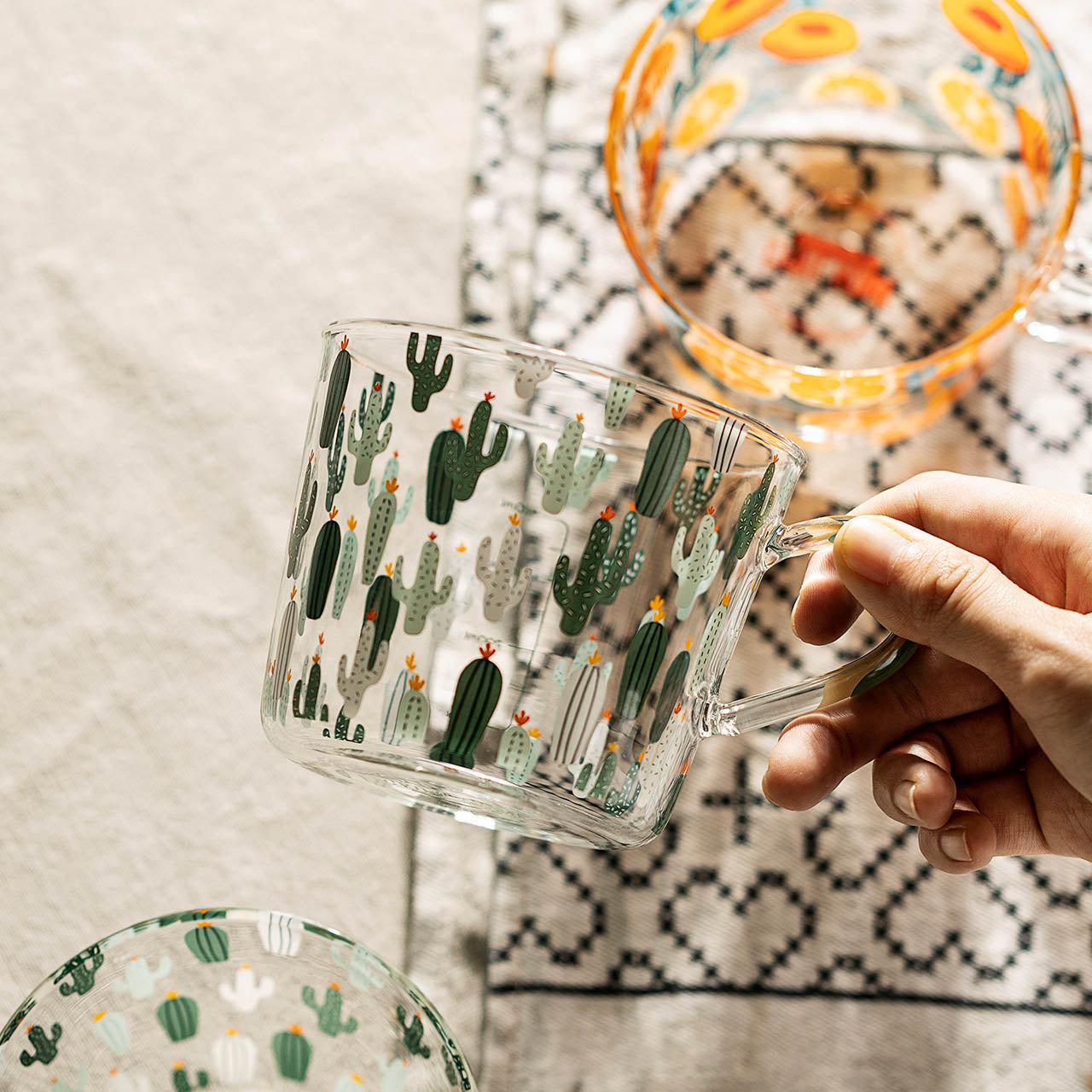 Glass Measuring Cup with Peach or Cactus Design